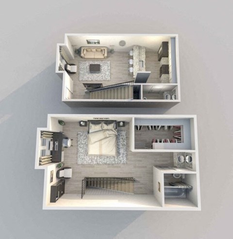 A top-down view of a two-bedroom apartment with a living room and kitchen area.